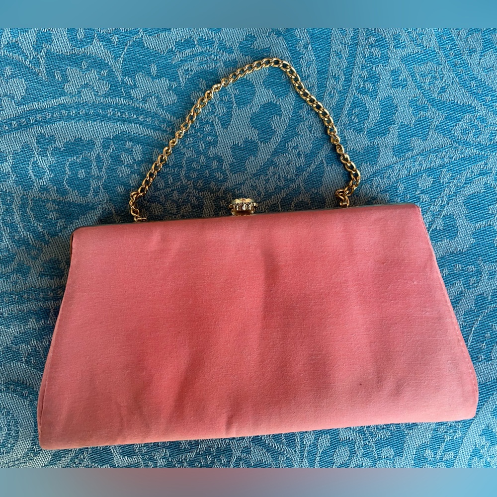 Vintage Peach Pink Clutch with Gold Fasten and Chain